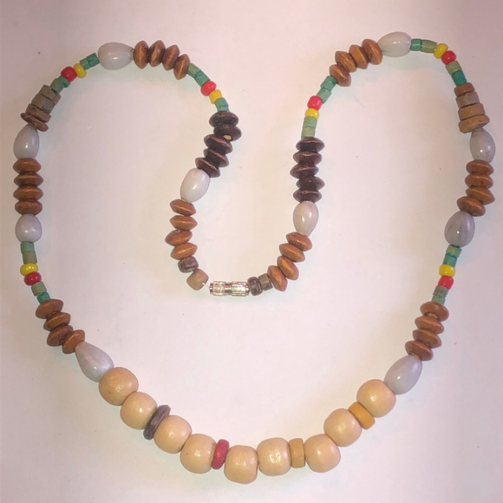 Vintage Brown Tan Wooden Shell Beaded Boho Necklace